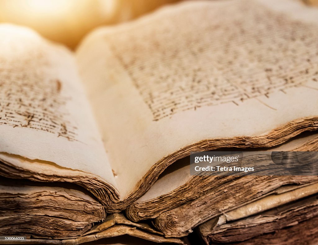 Spain, Mallorca, Library in monastery, Valldemossa, Ancient manuscript