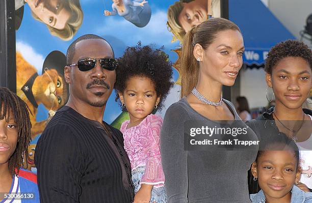 Actor Eddie Murphy and his wife Nicole arrive with their children at the premiere of the computer-animated comedy "Shrek 2."