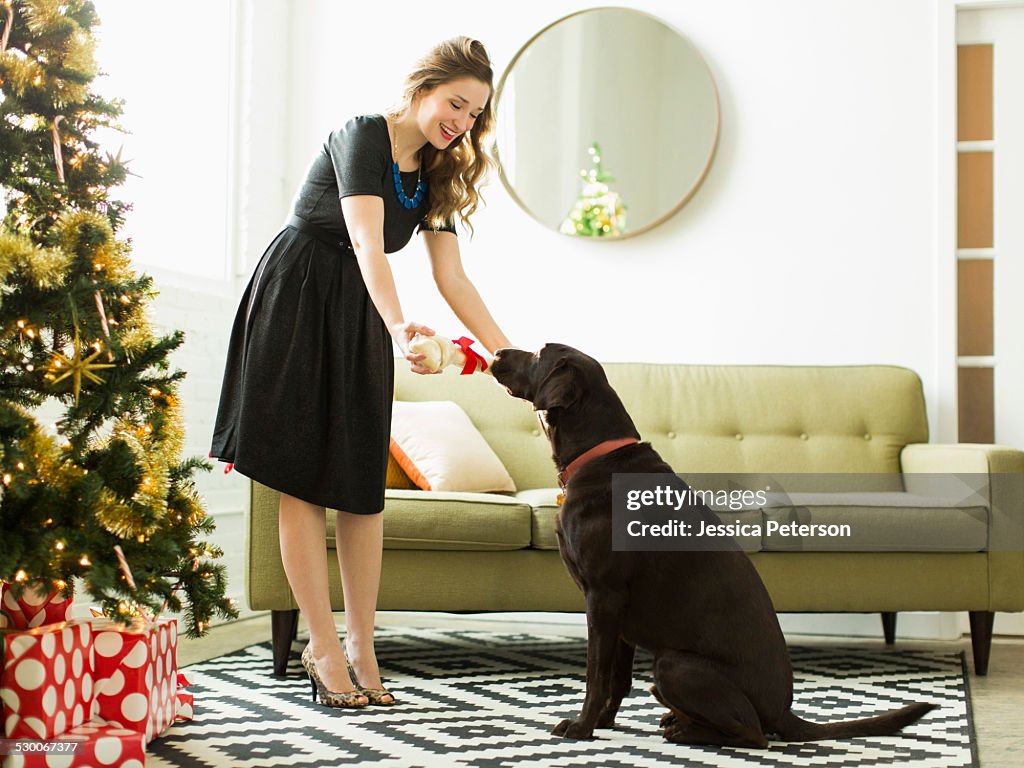 Young woman giving to dog Christmas present