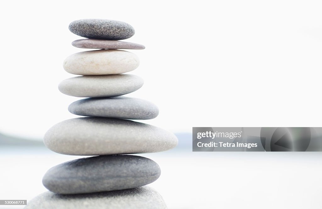 USA, New York State, Lake Placid, Stacked pebbles