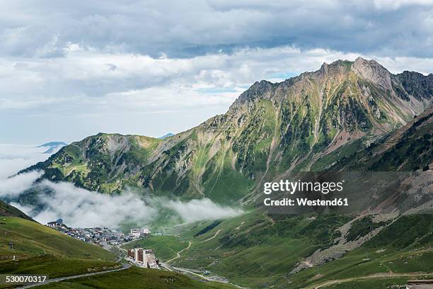 france, hautes-pyrenees, ski resort la mongie and mountain pass col du tourmalet - hautes pyrenees stock pictures, royalty-free photos & images