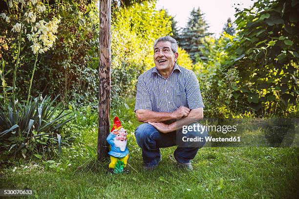 germany, northrhine westphalia, bornheim, senior man crouching by gardengnome - gartenzwerg stock-fotos und bilder