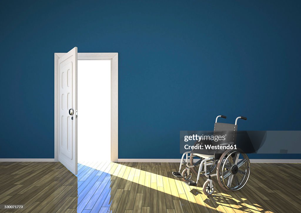 Wheelchair and sunlight shining through open door, 3d rendering