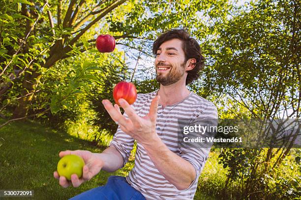man juggling with fruit in garden - juggling stock pictures, royalty-free photos & images