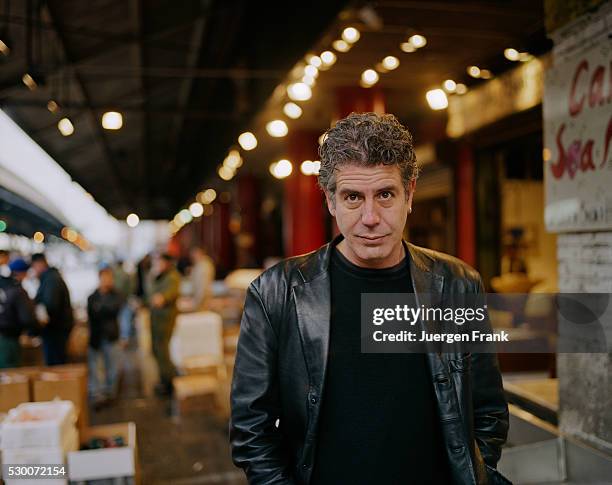 Chef Anthony Bourdain is photographed in June 2003 at the Fulton Fish Market in New York City.