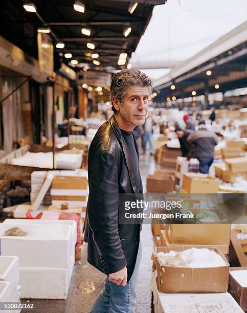Chef Anthony Bourdain is photographed in June 2003 at the Fulton Fish Market in New York City.