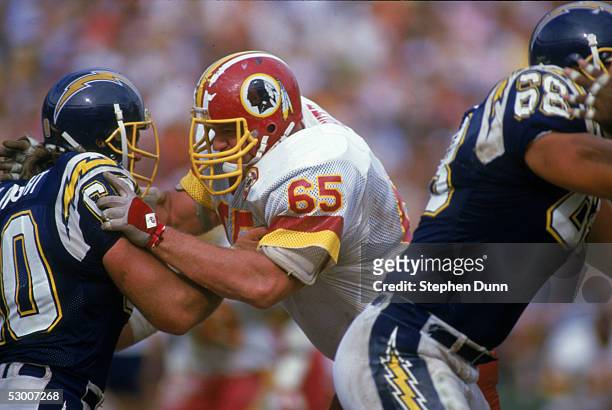 Dave Butz of the Washington Redskins moves on the play during a1986 season game against the San Diego Chargers at Jack Murphy Stadium in San Diego,...