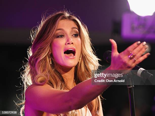 Delta Goodrem performs live during the Delta Goodrem Fan Party at Twitter HQ on May 10, 2016 in Sydney, Australia.