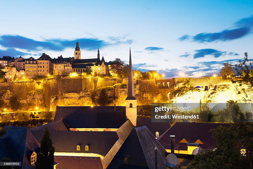 Luxembourg, Luxembourg City, View to the city district Grund and the cloister, Saint Michael's Church in the background, evening light