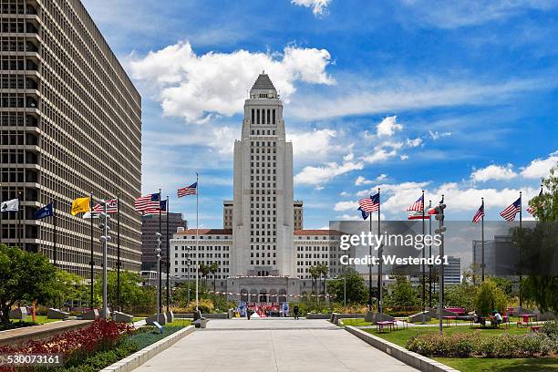 usa, california, los angeles, grand park and los angeles city hall - los angeles city hall stock pictures, royalty-free photos & images
