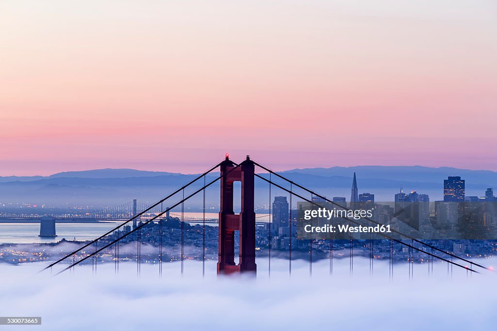 USA, California, San Francisco, skyline and Golden Gate Bridge in fog seen from Hawk Hill