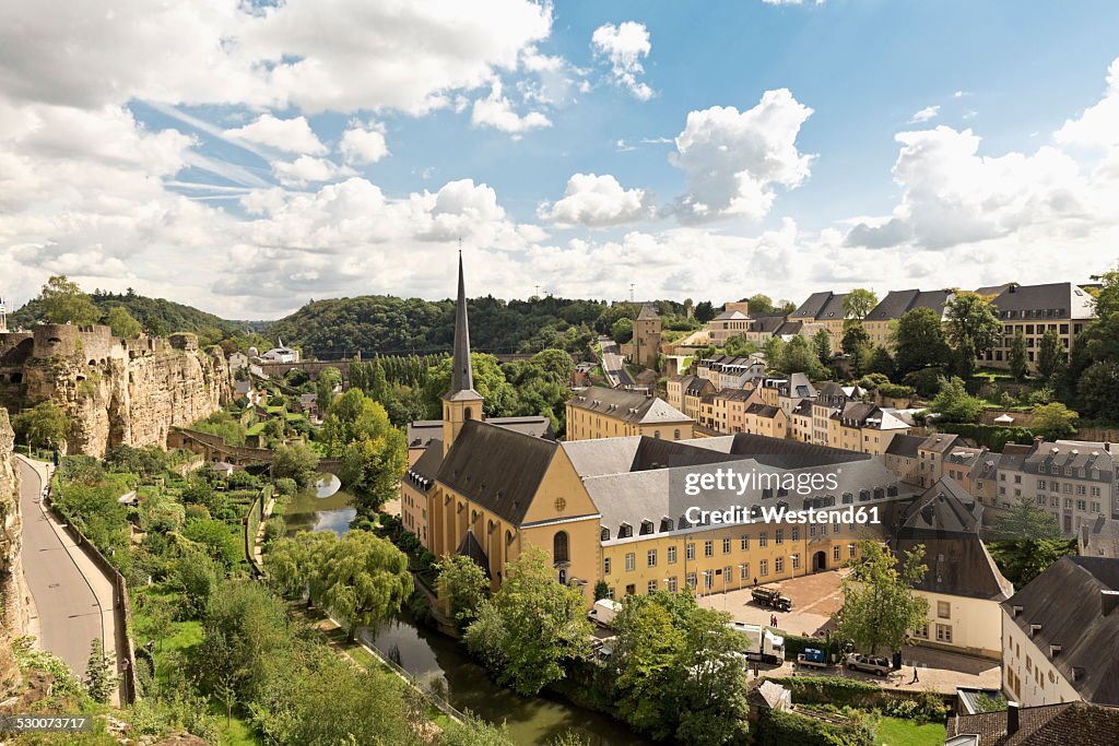 Luxembourg, Luxembourg City, View to the Benediktiner abbey Neumuenster and St. Johannes church, casemates left