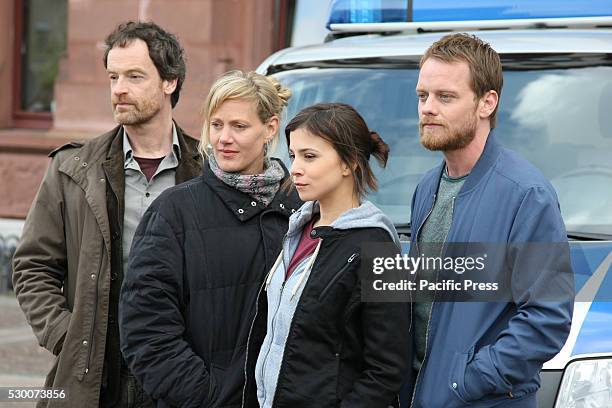 From left: Joerg Hartmann, Anna Schudt, Aylin Tezel and Stefan Konarske during a photo call on set of the WDR Tatort 'Sturm'.