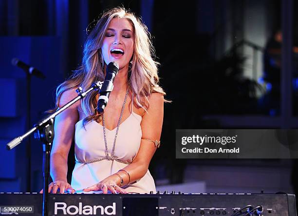 Delta Goodrem performs live during the Delta Goodrem Fan Party at Twitter HQ on May 10, 2016 in Sydney, Australia.