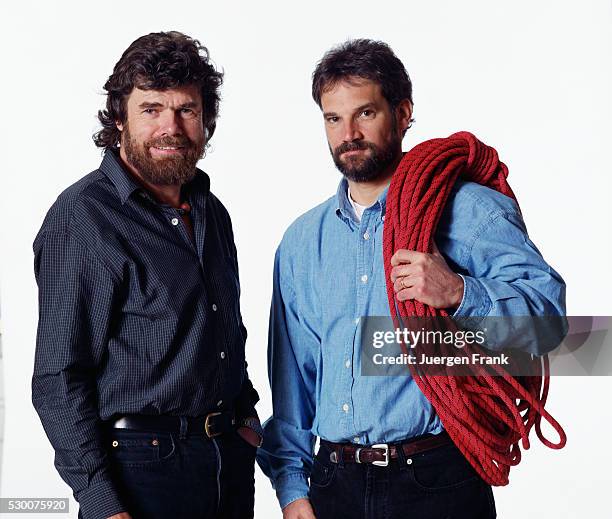 Reinhold Messner , one of the world's leading mountain climbers and the first person to climb Mount Everest without oxygen, stands next to fellow...