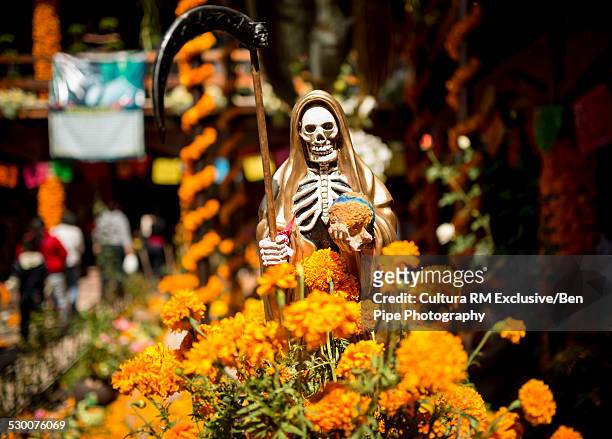 la santa muerte altar with the grim reaper, lake patzcuaro, michoacan, mexico - symbolism foto e immagini stock