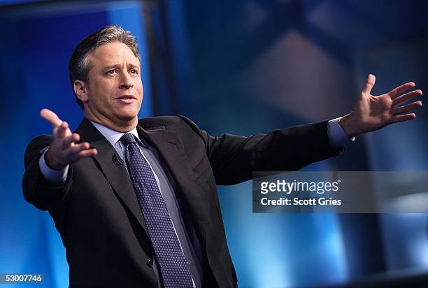 Comedian Jon Stewart talks to the audience during warm-up for a taping of The Daily Show With Jon Stewart at the Daily Show studios April 6, 2005 in...