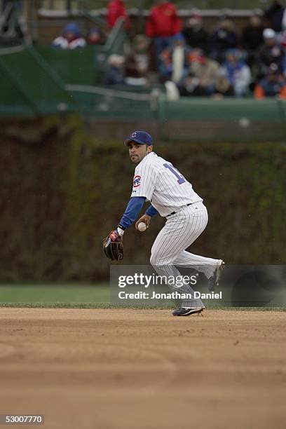 Jerry Hairston of the Chicago Cubs fields against the Pittsburgh Pirates on April 23, 2005 at Wrigley Field in Chicago, Illinois. The Pirates...