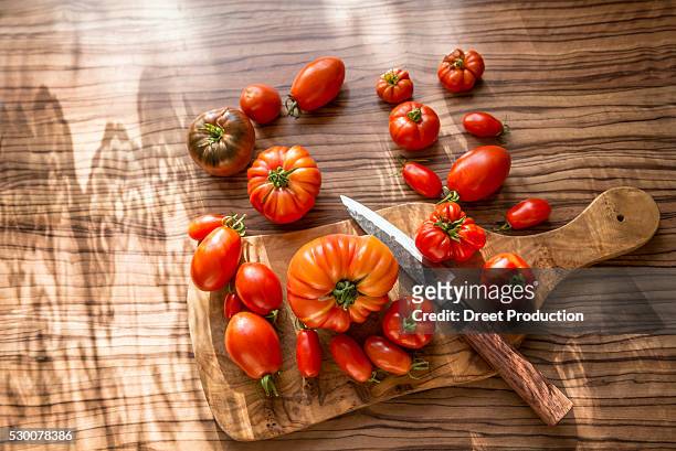 directly above shot of variety of tomatoes with knife on cutting board, munich, bavaria, germany - eiertomate stock-fotos und bilder
