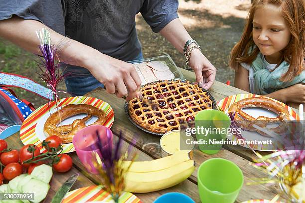 mother serving food for her daughter at picnic, munich, bavaria, germany - serving dish stock pictures, royalty-free photos & images