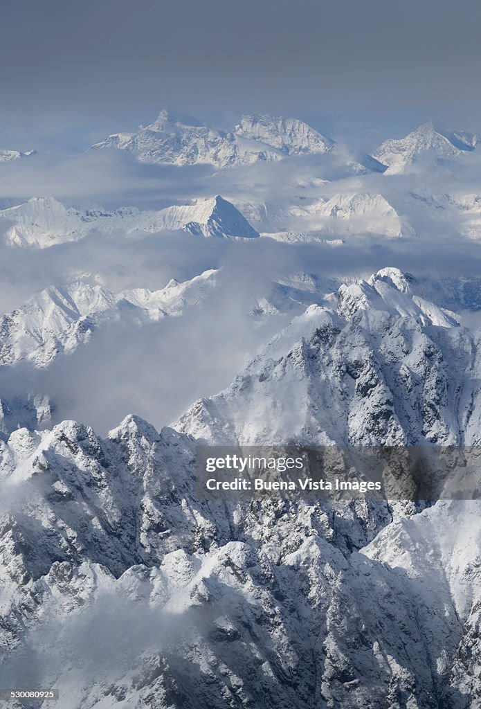 Aerial view of Swiss Alps in winter