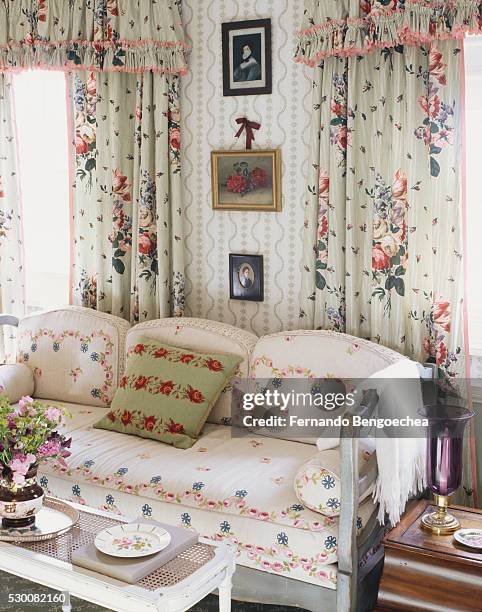 floral patterns on sofa and drapery - curtain valance stock pictures, royalty-free photos & images