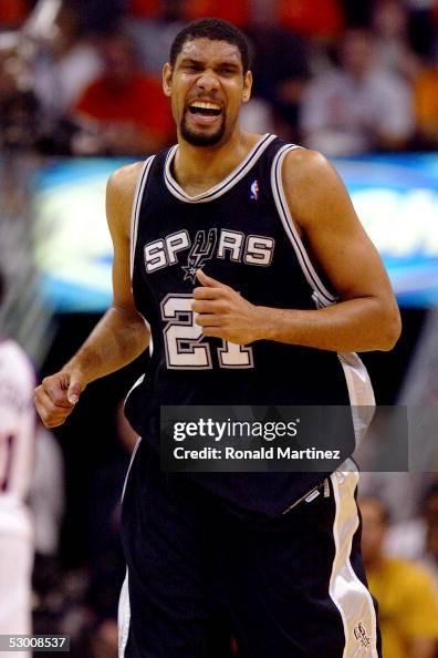 Tim Duncan of the San Antonio Spurs reacts to a play against the
