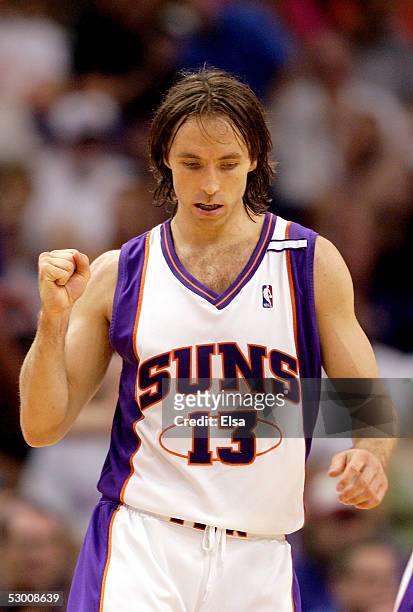Steve Nash of the Phoenix Suns pumps his fist after a play against the San Antonio Spurs in Game five of the Western Conference Finals during the...