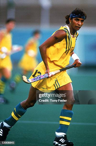 Nova Peris-Kneebone of Australia in action during a Womens field hockey match at Morris Brown College during the 1996 Olympic Games in Atlanta,...