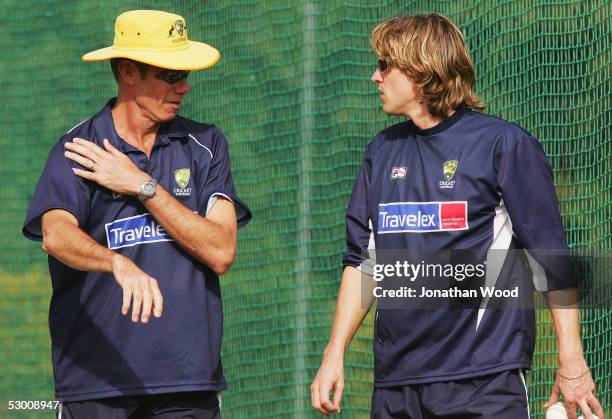 John Buchanan and Nathan Bracken of Australia in the nets during a Pre-Ashes Training Camp at Allan Border Oval on June 2, 2005 in Brisbane,...