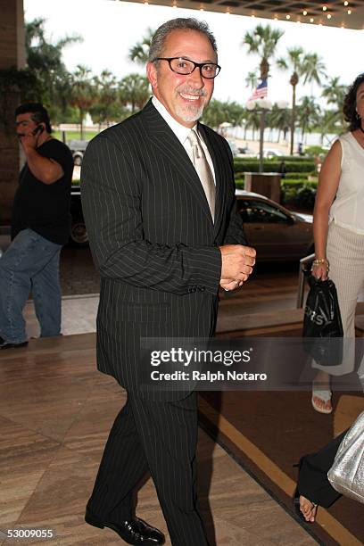 Musician Emilio Estefan arrives at the Hotel Intercontinental for the Miami Dade College Hall of Fame Alumni Award Gala June 1, 2005 in Miami,...