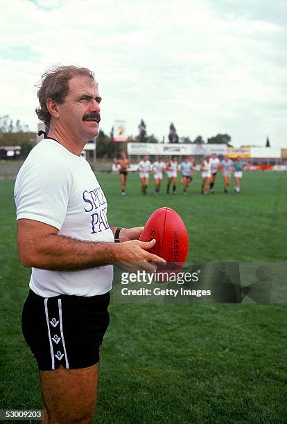 1980s: Leigh Matthews, coach of the Collingwood Magpies during a VFL training session held in Melbourne, Australia.