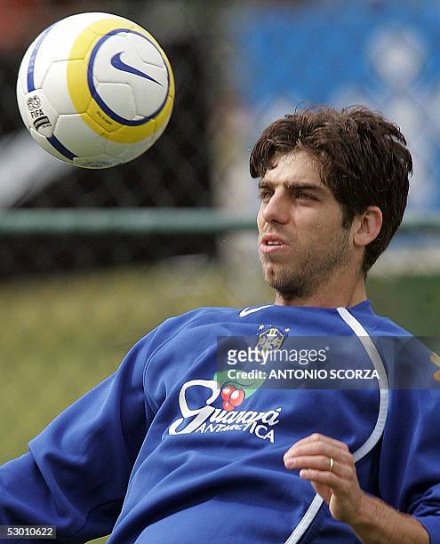 Brazilian soccer midfielder Juninho Pernambucano, of Olympique Lyonnais, controls the ball 02 June 2005, during a training session in Teresopolis,...