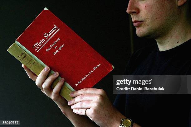 Signed copy of Adolph Hitler's Mein Kampf is displayed on June 02, 2005 in London, England. The Vol 1 , First Edition, signed by Hitler is one of a...