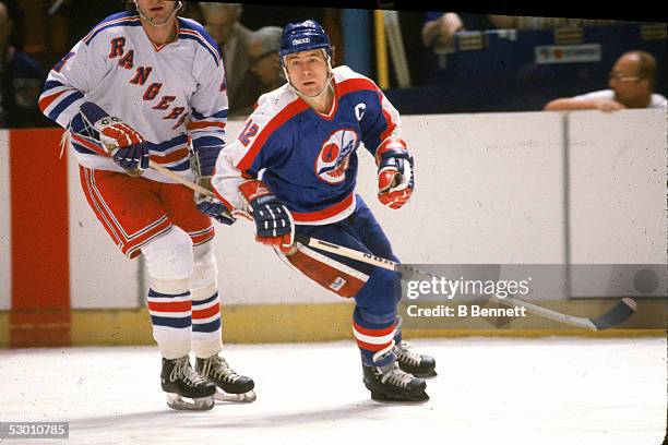 Canadian hockey player Morris Lukowich of the Winnipeg Jets on the ice during a game against the New York Rangers at Madison Square Garden, New York,...