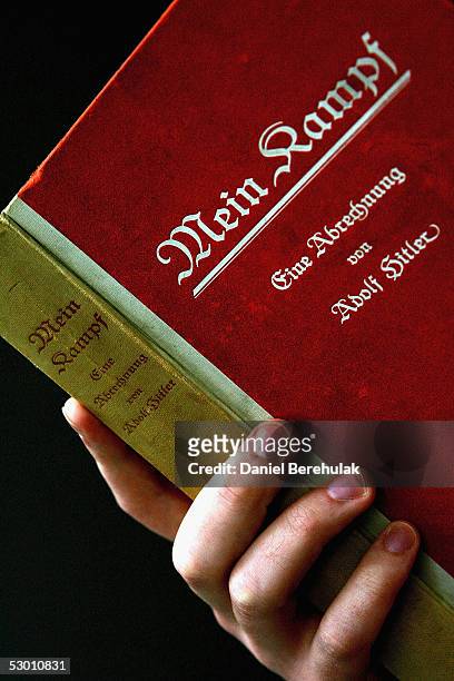 Signed copy of Adolph Hitler's Mein Kampf is displayed on June 2, 2005 in London, England. The Vol 1 , First Edition, signed by Hitler is one of a...