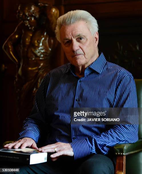 Writer John Irving poses during the presentation of his new novel "Avenida de los Misterios" at the Casa America, in Madrid on May 10, 2016.