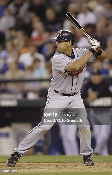 Alex Cora of the Cleveland Indians bats against the Seattle Mariners during the game on April 22, 2005 at Safeco Field in Seattle, Washington. The...