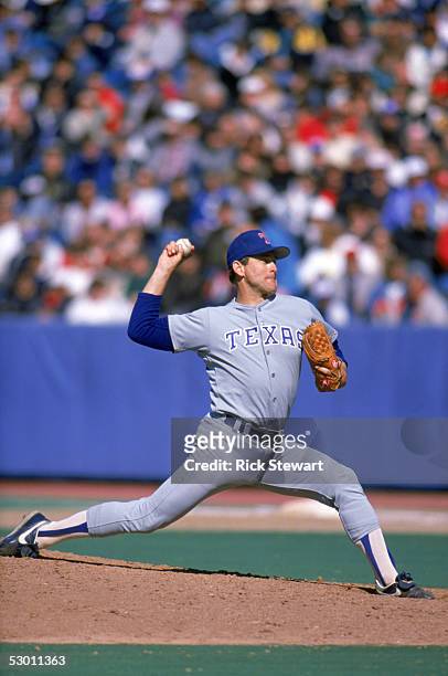 Nolan Ryan of the Texas Rangers pitches during the 1989 season against the Toronto Blue Jays at Skydome in Toronto, Ontario, Canada.