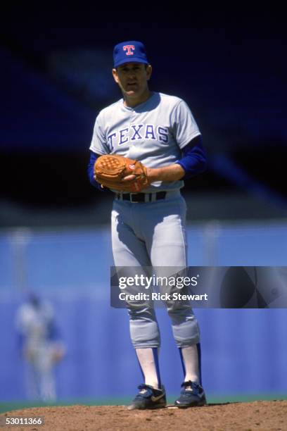 Nolan Ryan of the Texas Rangers pitches during the 1989 season against the Toronto Blue Jays at Skydome in Toronto, Ontario, Canada.