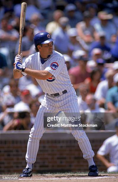 Ryne Sandberg of the Chicago Cubs bats during the Interleague game against the Kansas City Royals at Wrigley Field on July 1, 1997 in Chicago,...