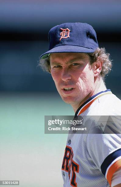 Alan Trammell of the Detroit Tigers looks on during a game in the 1986 season against the California Angels at Anaheim Stadium in Anaheim, California.