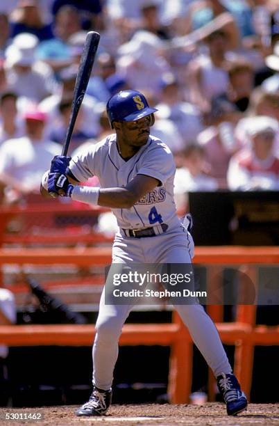 Harold Reynolds of the Seattle Mariners bats against the California Angels during the game at Anaheim Stadium on August 4, 1991 in Anaheim,...