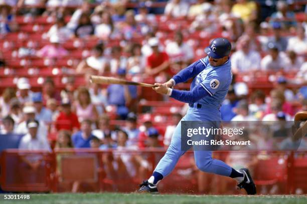 George Brett of the Kansas City Royals bats during a game in the 1990 season against the Milwaukee Brewers at County Stadium in Milwaukee, Wisconsin.