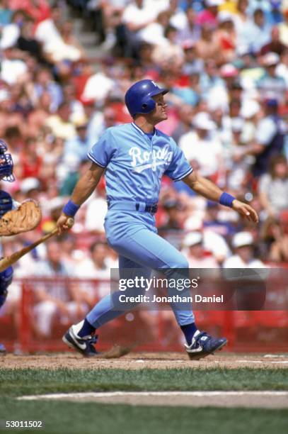 George Brett of the Kansas City Royals bats during a game in the 1990 season against the Milwaukee Brewers at County Stadium in Milwaukee, Wisconsin.