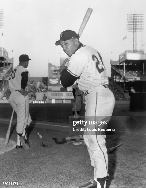 Willie Mays of the San Francisco Giants poses for an action portrait during batting practice prior to a game circa 1958-1972.