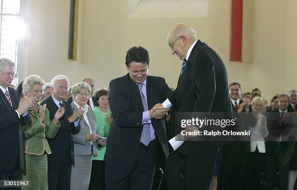 Frank Schirrmacher , publisher of German newspaper "Frankfurter Allgemeine Zeitung" congratulates literary critic Marcel Reich-Ranicki with his 85th...