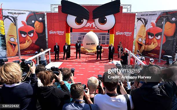 Omar Sy and Josh Gad attend the "The Angry Birds Movie" Photocall at the annual 69th Cannes Film Festival at JW Marriott on May 10, 2016 in Cannes,...