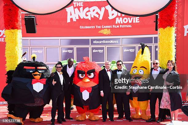 Singer Timur Rodriguez, actor Omar Sy, producer John Cohen, actors Josh Gad, Maccio Capatonda and TV presenter Raya Abirached attend "The Angry Birds...