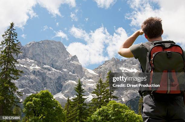mountain scenery, man hiking with backpack, rear view, karwendel, austria - karwendel mountains stockfoto's en -beelden